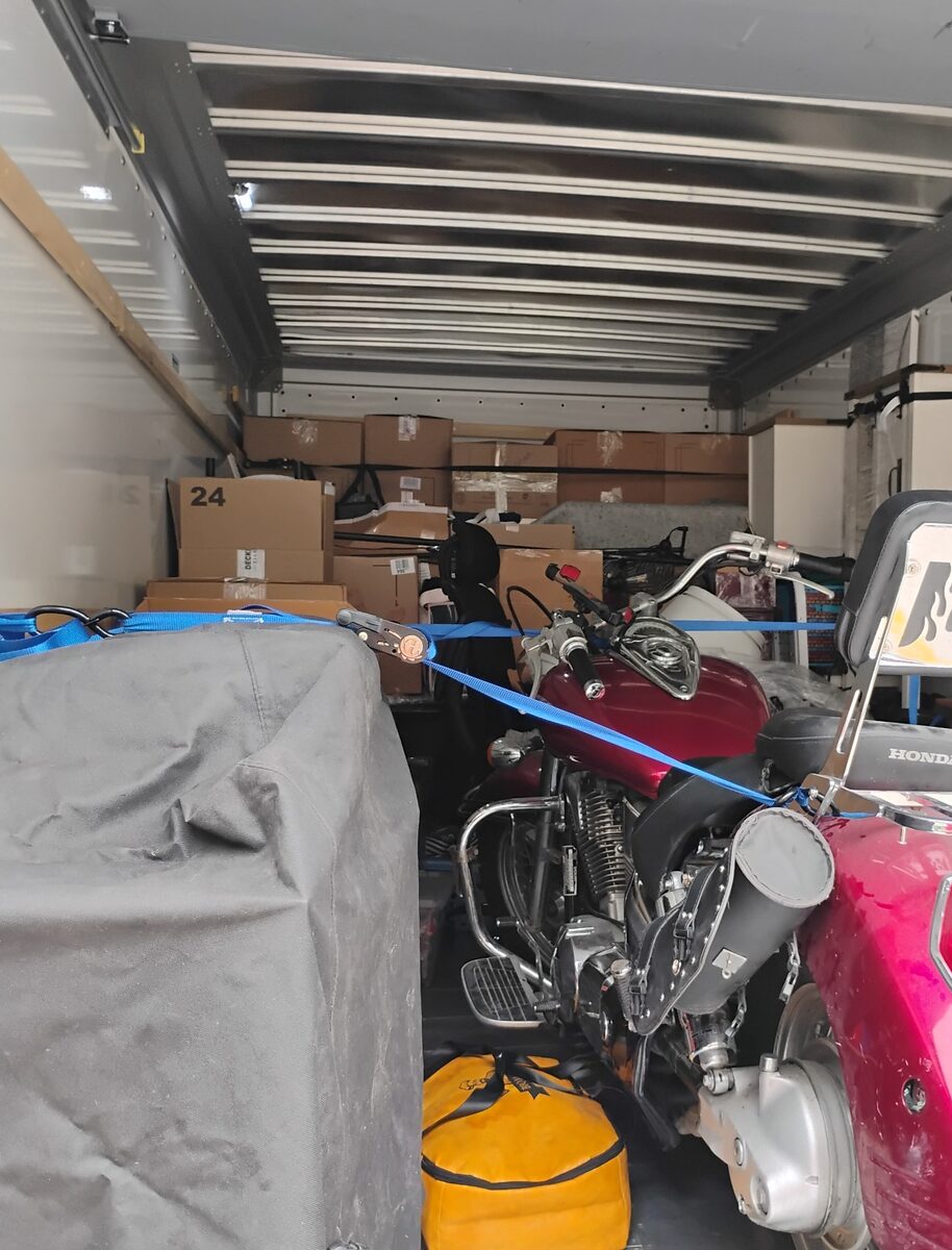 Motorcycle secured inside a moving truck